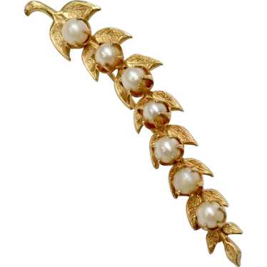 Long Gold Plated Leaf & Faux White Pearl Berry Ba… - image 1