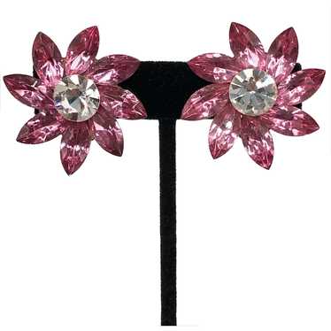 Vintage glass pink rhinestone flower clip on earr… - image 1