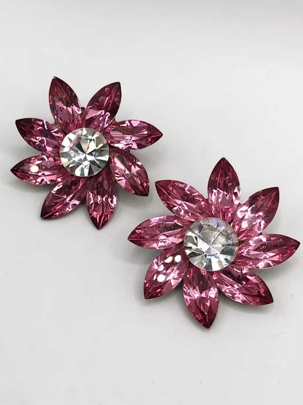 Vintage glass pink rhinestone flower clip on earr… - image 2