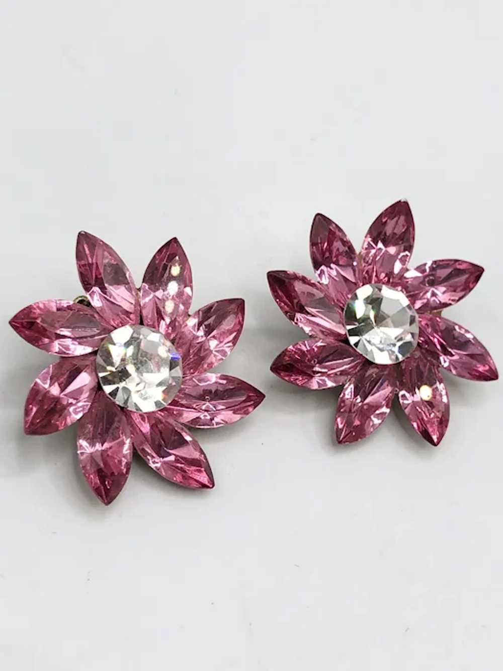 Vintage glass pink rhinestone flower clip on earr… - image 3
