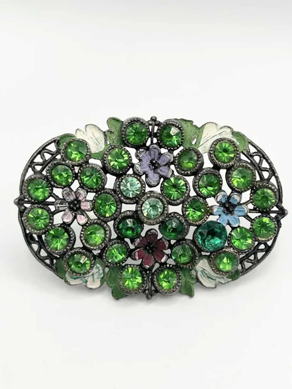 Vintage Art Deco Green Rhinestone Brooch Pin - image 2