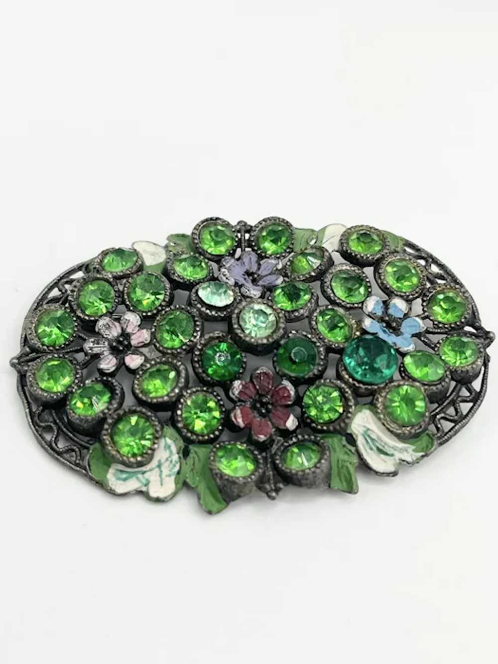 Vintage Art Deco Green Rhinestone Brooch Pin - image 4