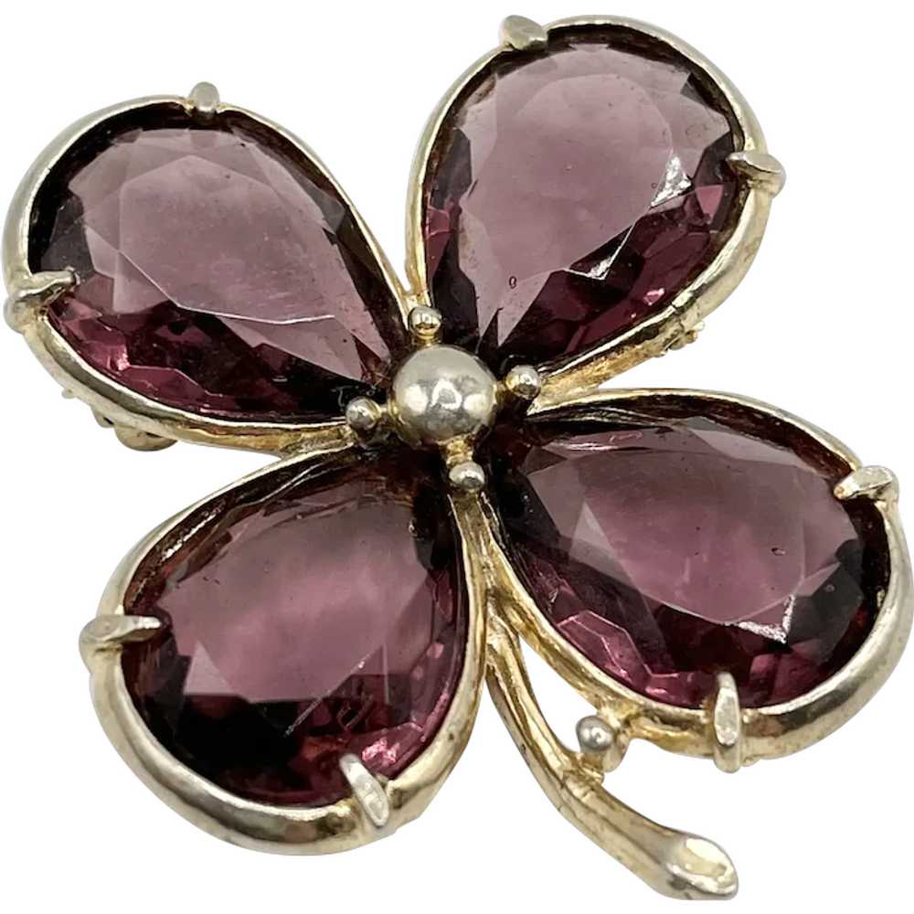 Vintage Purple Glass Flower Brooch Pin - image 1