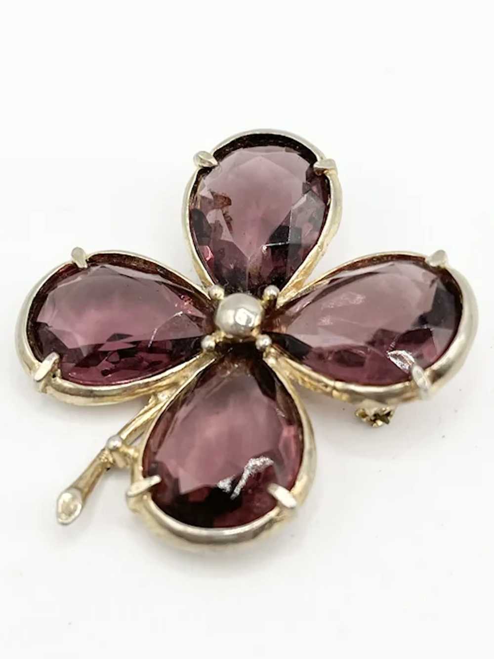 Vintage Purple Glass Flower Brooch Pin - image 4