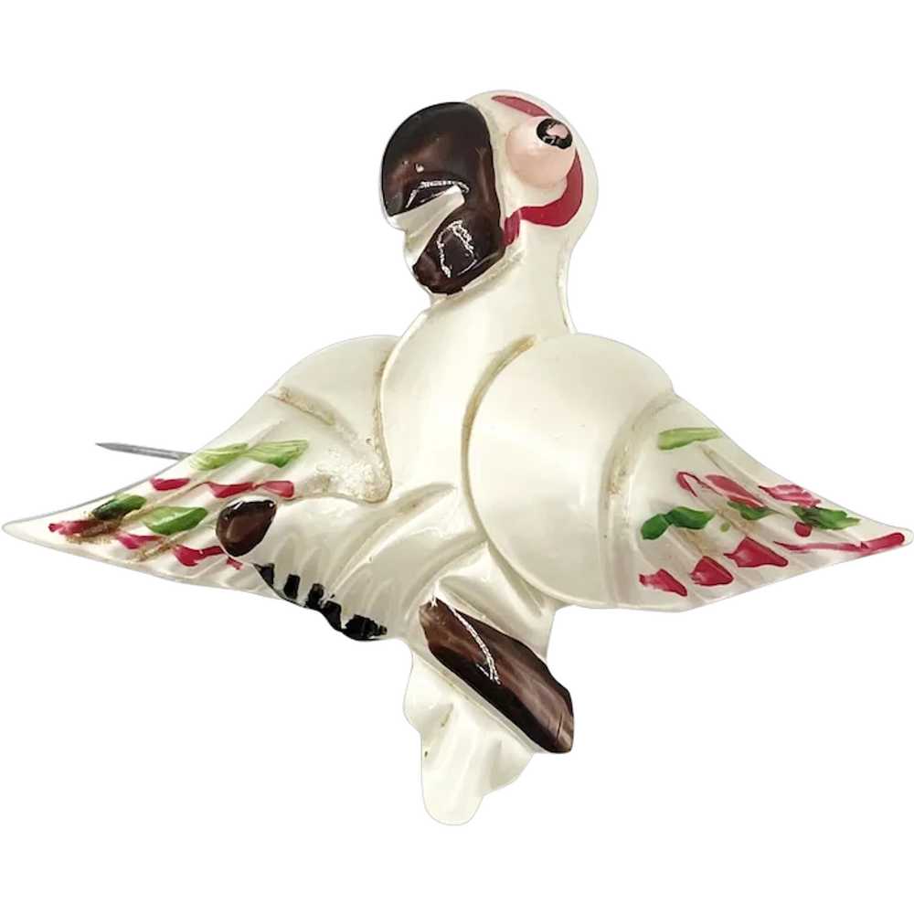 Vintage celluloid painted bird brooch pin - image 1