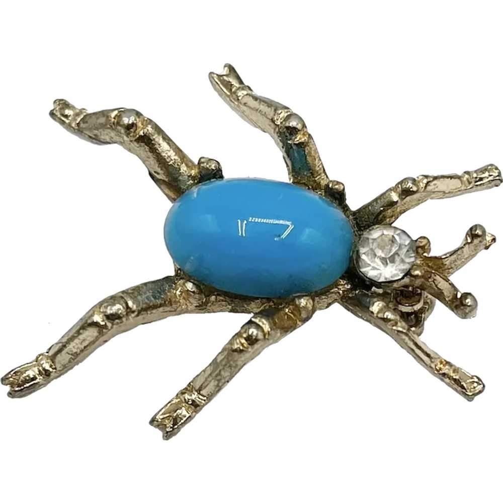 Vintage Blue Rhinestone Spider Bug Brooch Pin - image 1