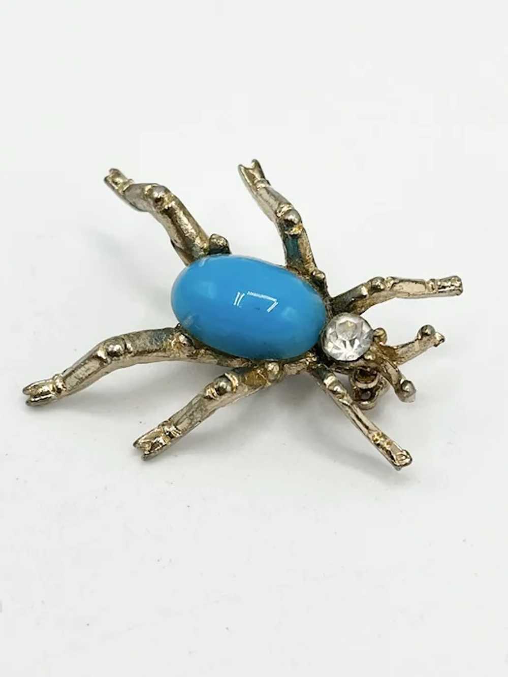 Vintage Blue Rhinestone Spider Bug Brooch Pin - image 3