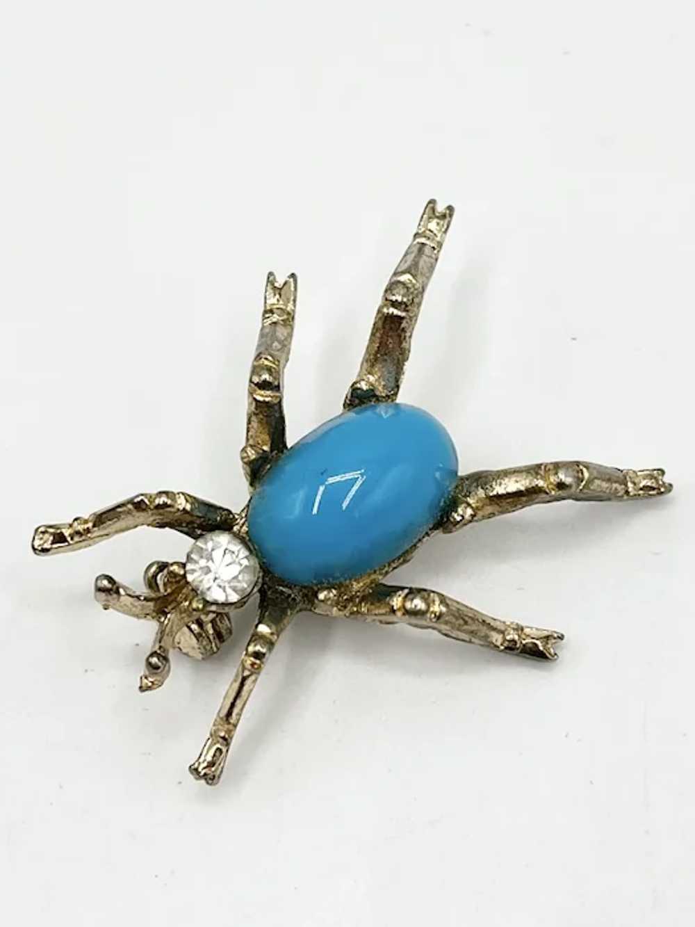 Vintage Blue Rhinestone Spider Bug Brooch Pin - image 4