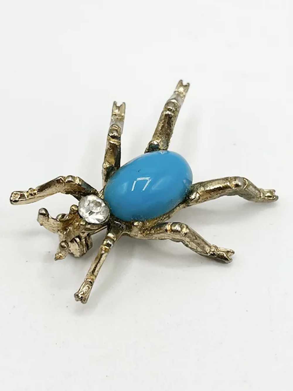 Vintage Blue Rhinestone Spider Bug Brooch Pin - image 5