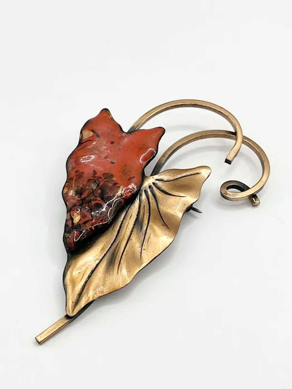 Vintage Matisse Renoir Copper Enamel Leaf Brooch … - image 3