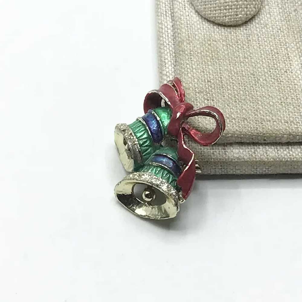 Double Gold Tone Enameled Christmas Bells Brooch - image 2