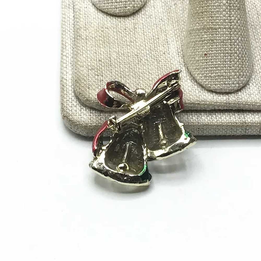 Double Gold Tone Enameled Christmas Bells Brooch - image 4