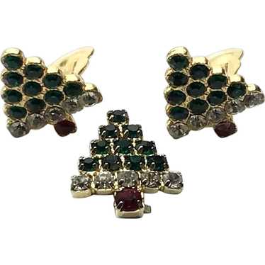 Gold Tone Rhinestone Christmas Tree Clip Earrings… - image 1