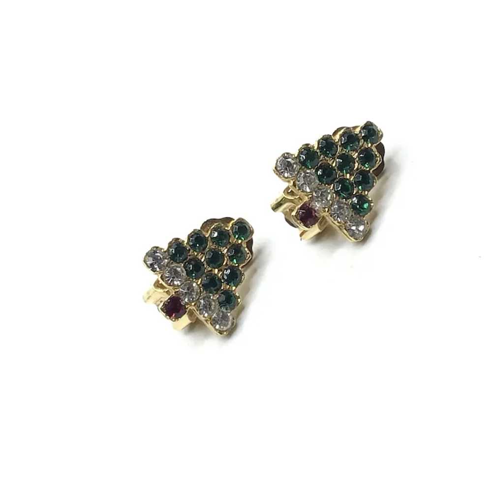 Gold Tone Rhinestone Christmas Tree Clip Earrings… - image 2