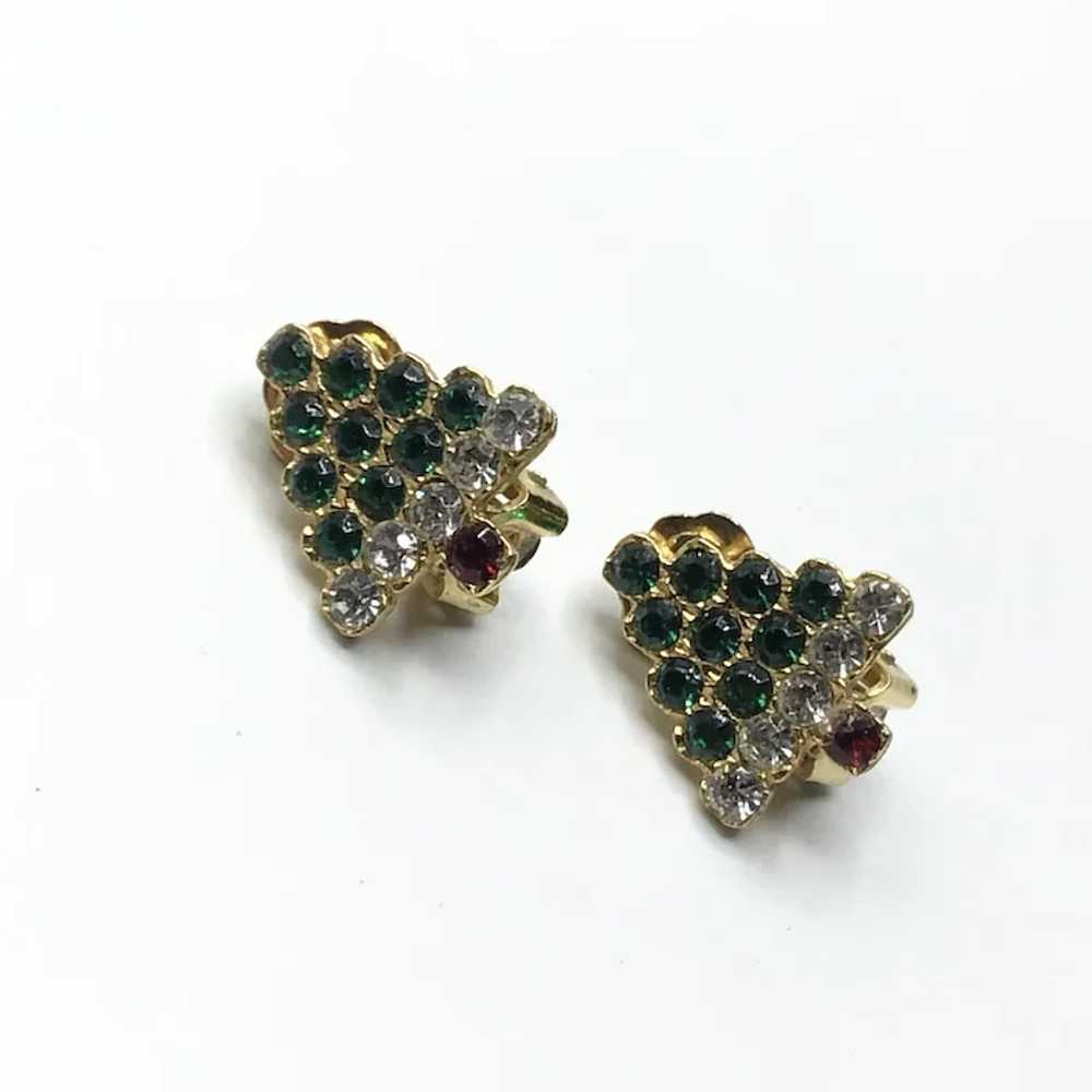 Gold Tone Rhinestone Christmas Tree Clip Earrings… - image 3