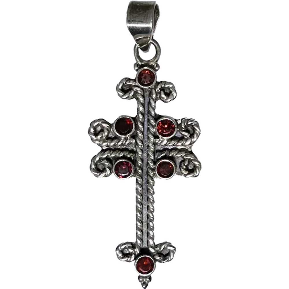 Ornate sterling silver cross with faceted Garnets - image 1