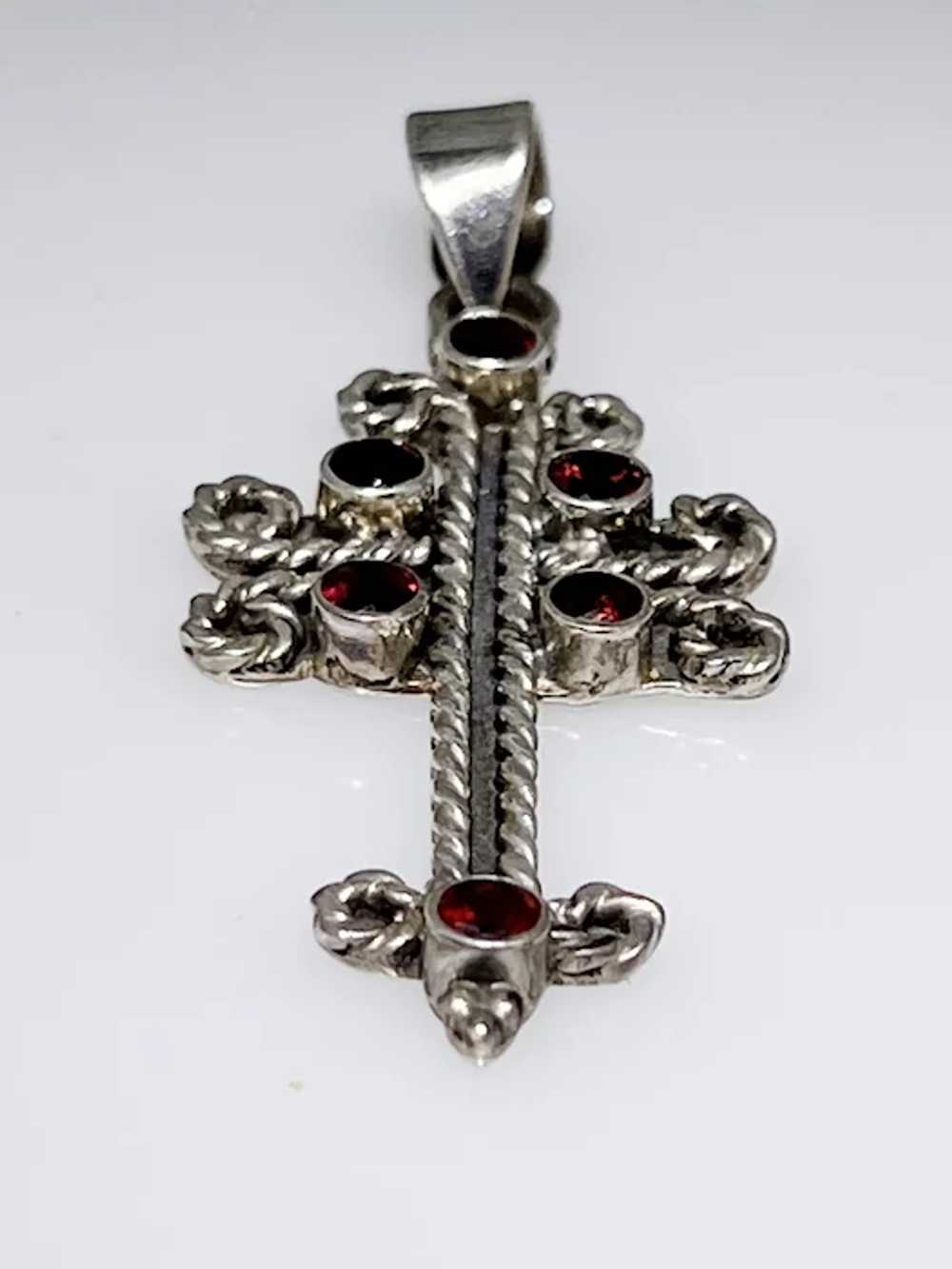 Ornate sterling silver cross with faceted Garnets - image 5