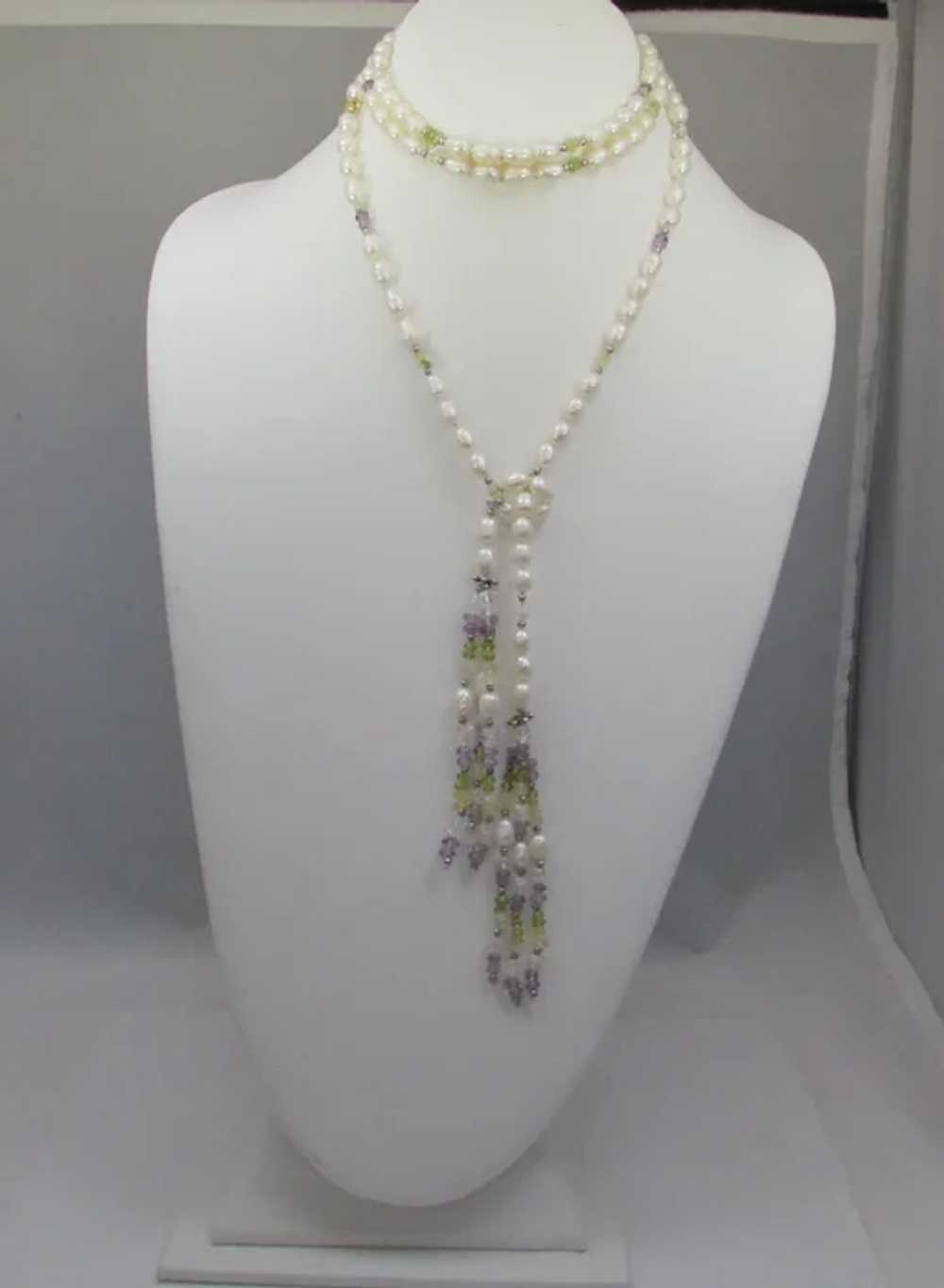 Vintage Freshwater Pearl and Gemstone Lariat Neck… - image 2