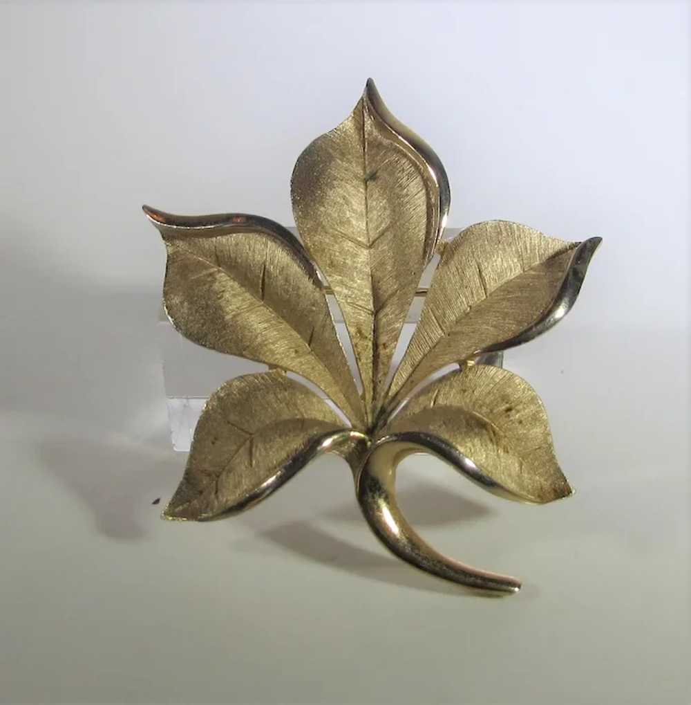Vintage Crown Trifari Brushed Goldtone Leaf Pin - image 8