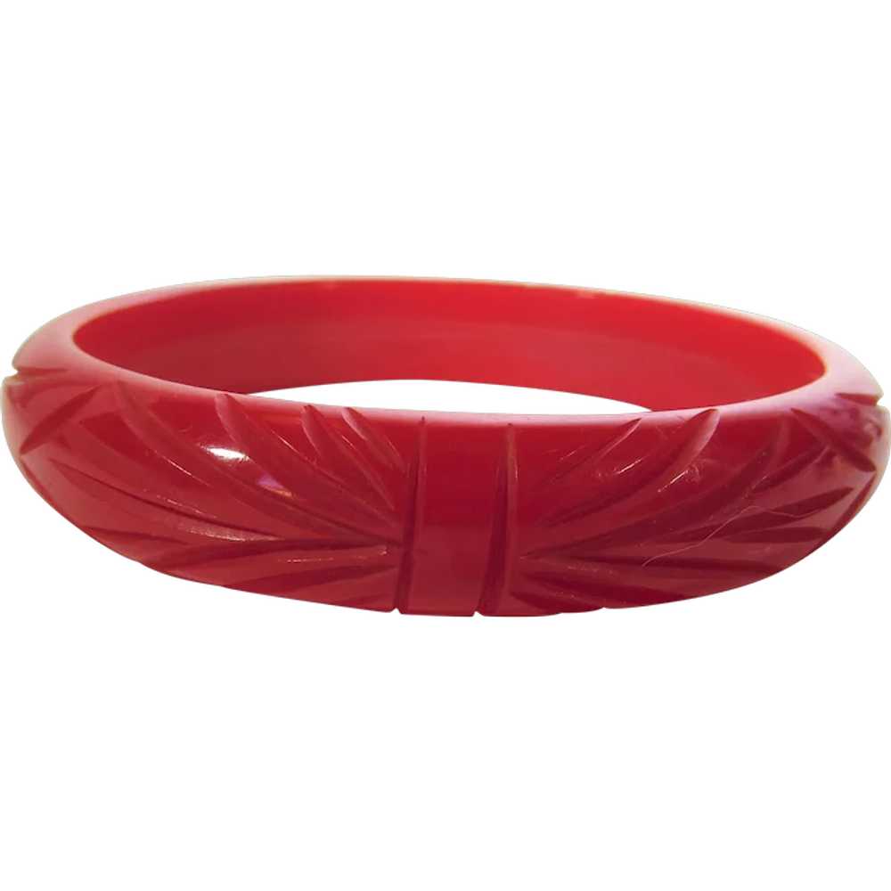 Bakelite Heavily Carved Cherry Red Bangle - image 1