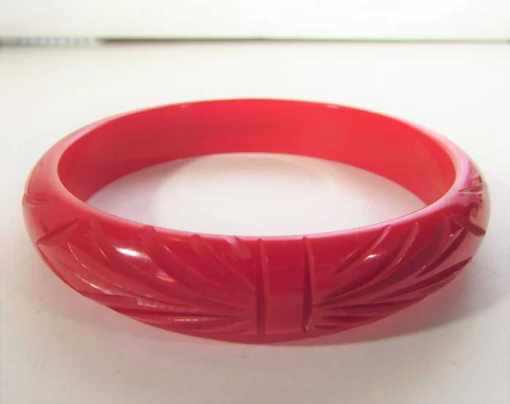 Bakelite Heavily Carved Cherry Red Bangle - image 3