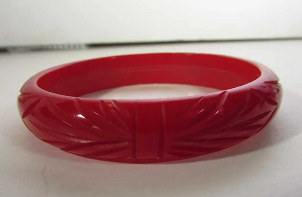 Bakelite Heavily Carved Cherry Red Bangle - image 6