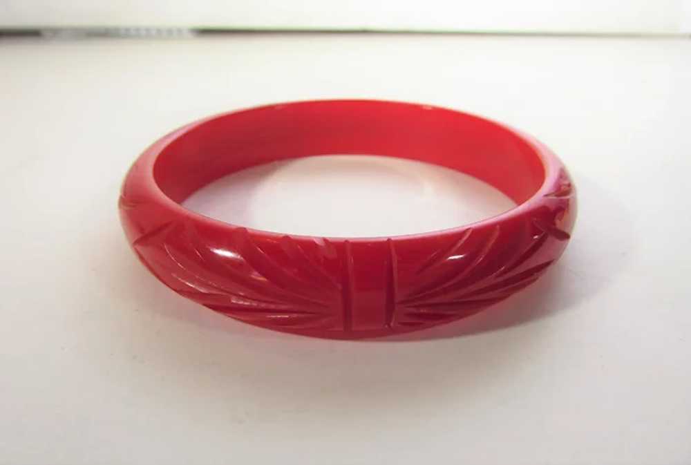 Bakelite Heavily Carved Cherry Red Bangle - image 8