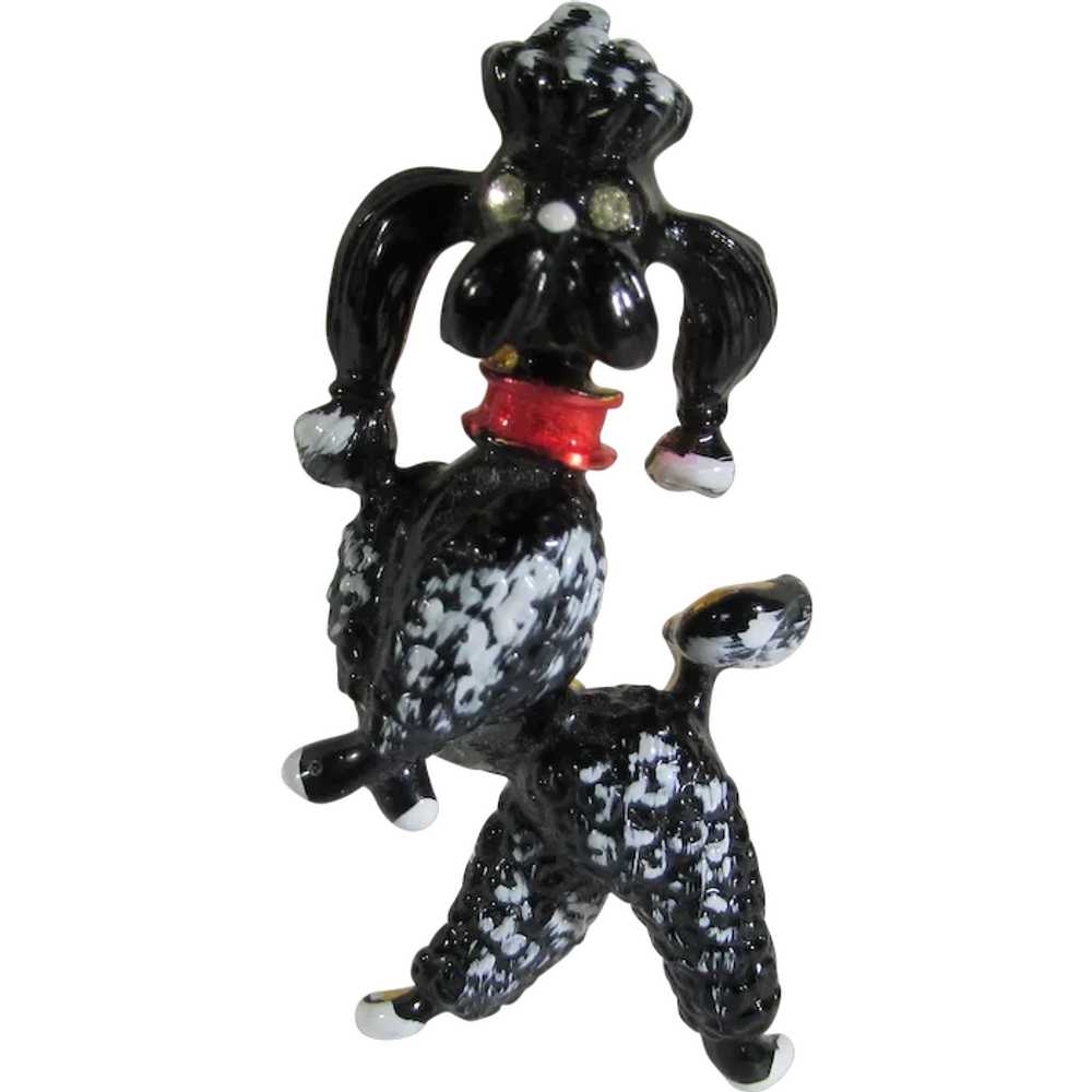 Vintage Black Enamelled Poodle With Red Collar - image 1