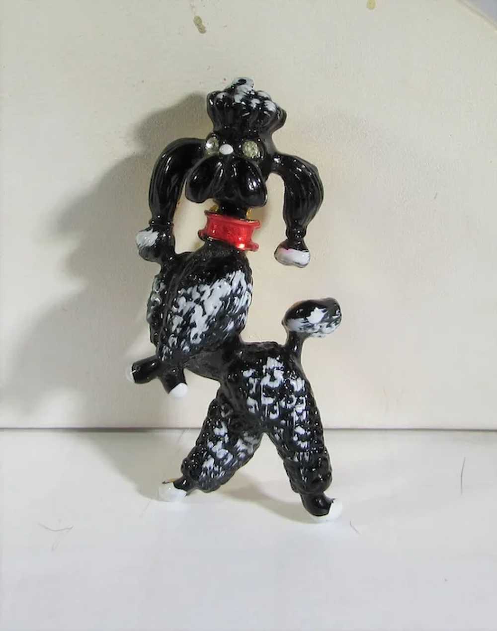 Vintage Black Enamelled Poodle With Red Collar - image 5