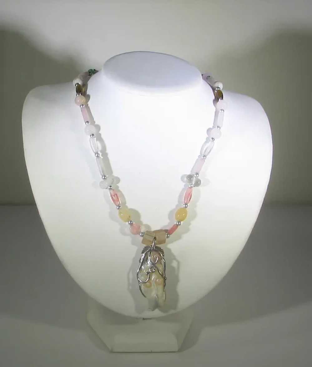 Vintage Glass Bead Necklace With Pink Quartz and … - image 2