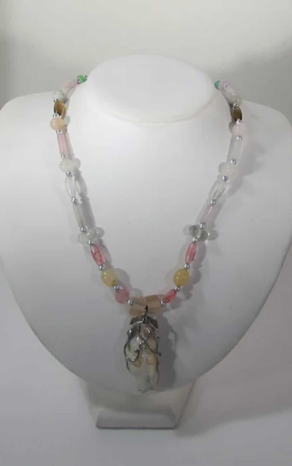 Vintage Glass Bead Necklace With Pink Quartz and … - image 7