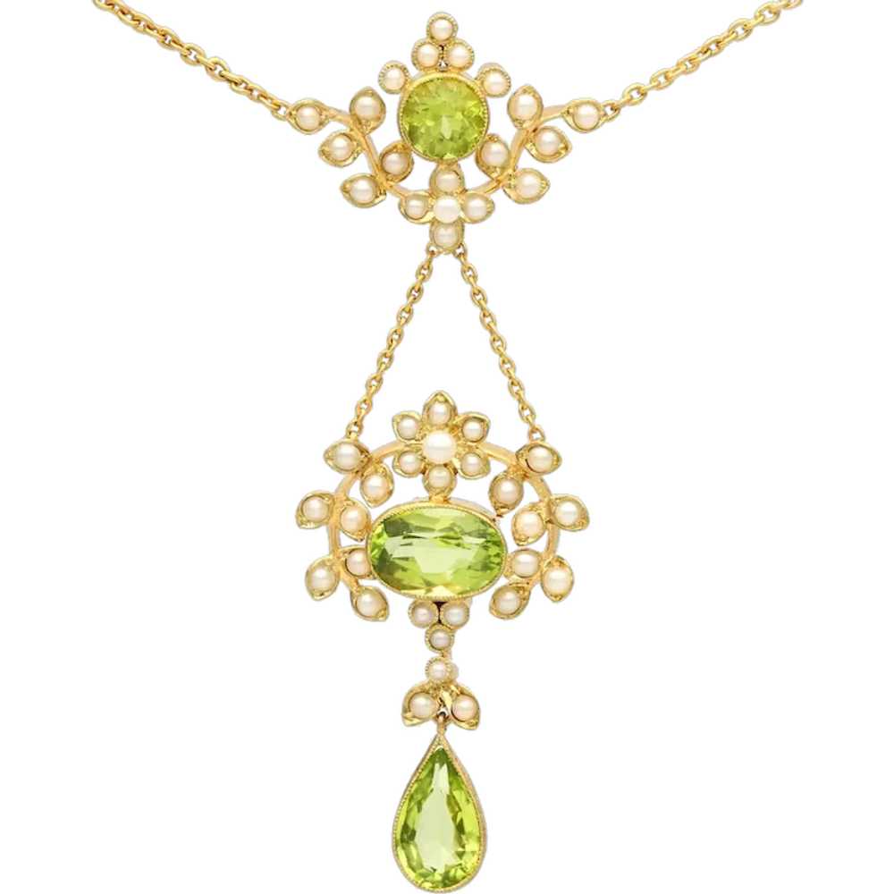 Antique 3.43 ct Peridot and Seed Pearl, 15 ct Yel… - image 1