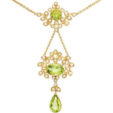 Antique 3.43 ct Peridot and Seed Pearl, 15 ct Yel… - image 1