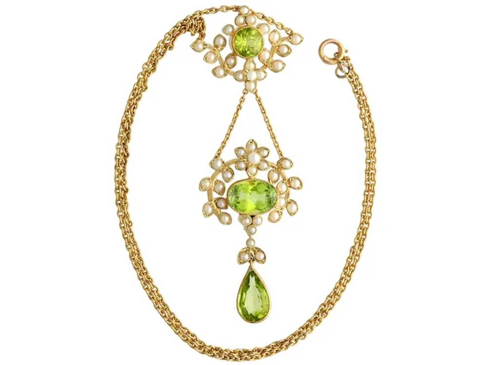 Antique 3.43 ct Peridot and Seed Pearl, 15 ct Yel… - image 2