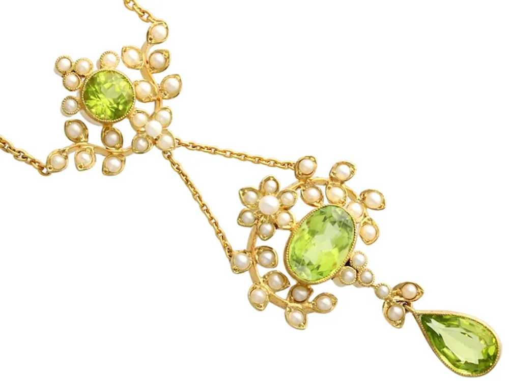 Antique 3.43 ct Peridot and Seed Pearl, 15 ct Yel… - image 3