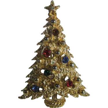 Vintage Art Christmas Tree Pin in Gold Tone with … - image 1