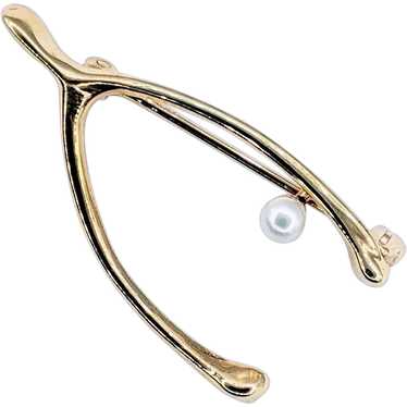 Charming Akoya Pearl & 14K Gold Wishbone Pin / Br… - image 1