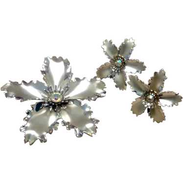 Silver Tone AB Crystal Brooch & Earrings