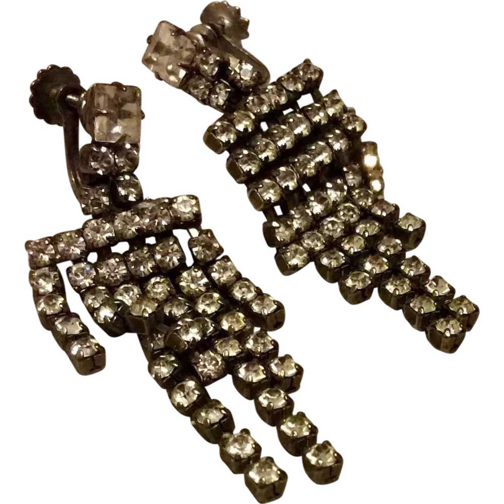 Rhinestone Silver Tone Metal Screw Dangle Earrings - image 1