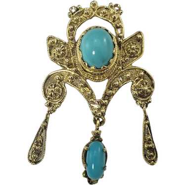 Vintage 14 Karat Yellow Gold and Turquoise Brooch… - image 1