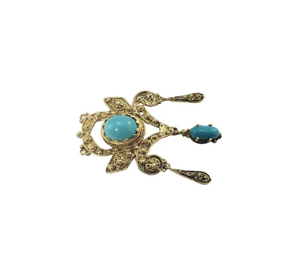 Vintage 14 Karat Yellow Gold and Turquoise Brooch… - image 2