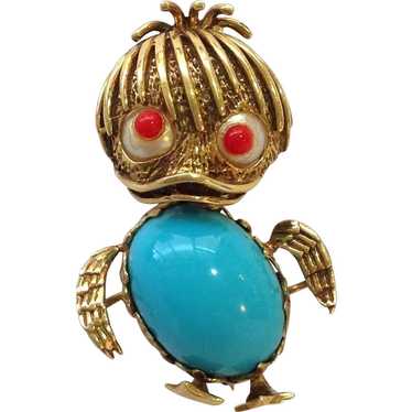 Italian 18k Turquoise and Pearl Duckling Brooch - image 1