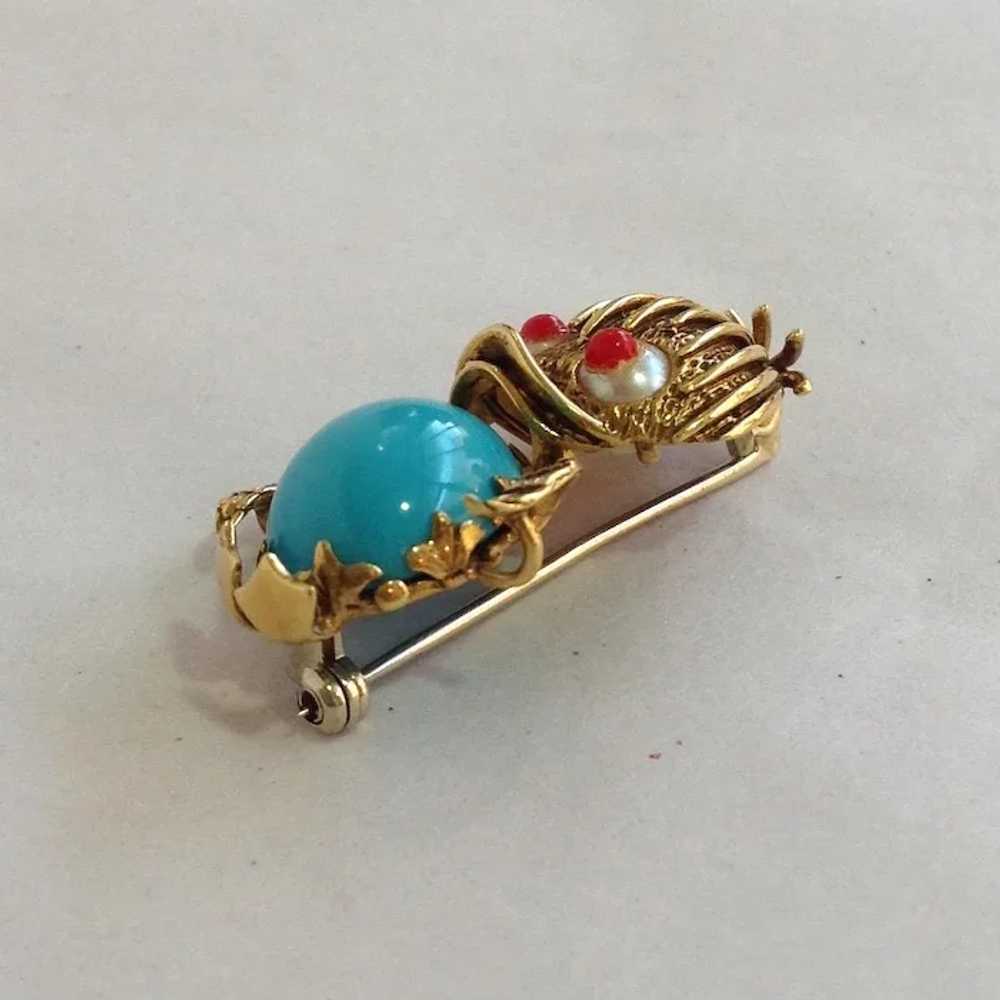 Italian 18k Turquoise and Pearl Duckling Brooch - image 2