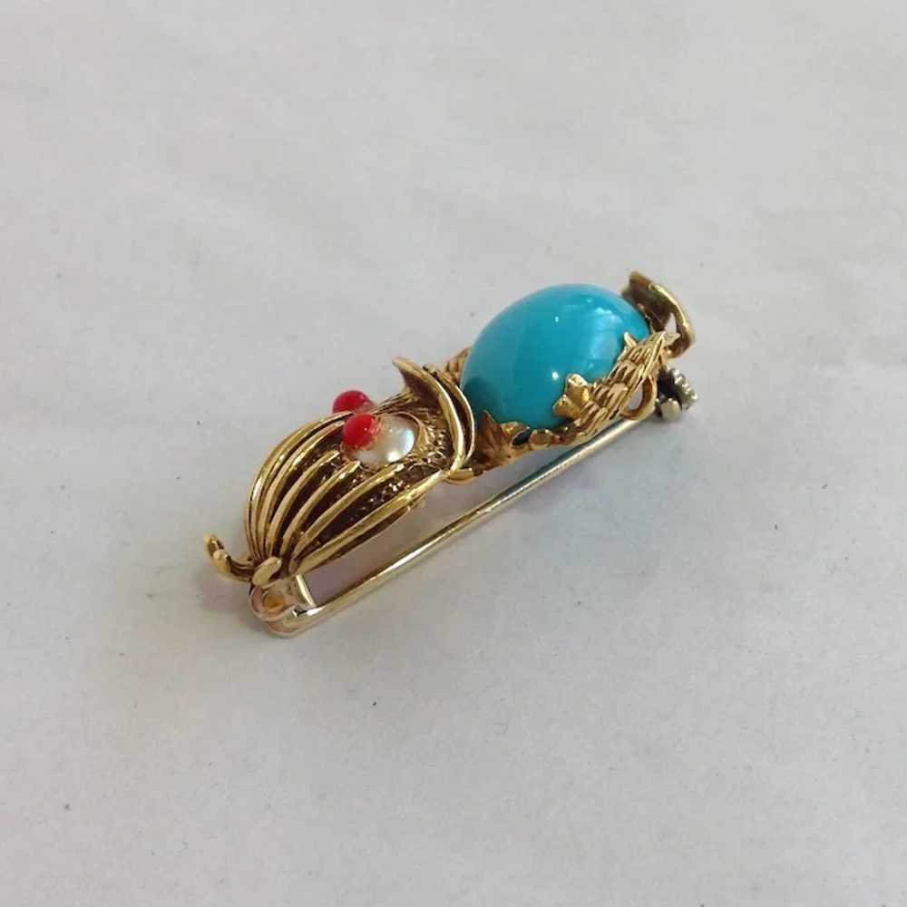 Italian 18k Turquoise and Pearl Duckling Brooch - image 3