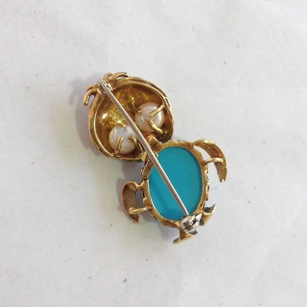 Italian 18k Turquoise and Pearl Duckling Brooch - image 5