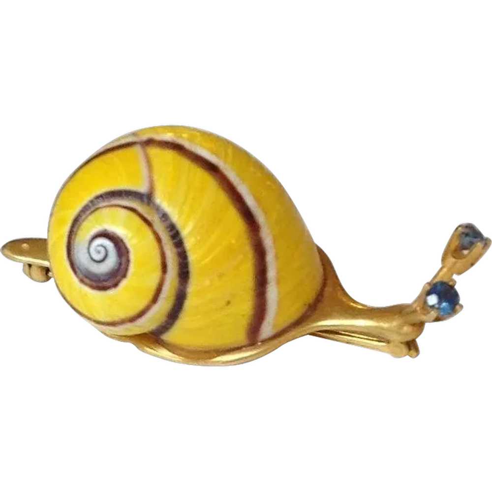Gold Snail Pin with Sapphire Eyes 14 Karat - image 1