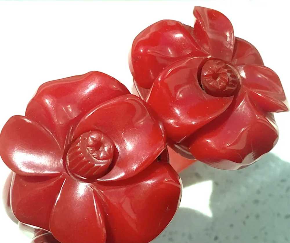 Premier 1930s RED RED Bakelite Heavy Carved Flora… - image 5