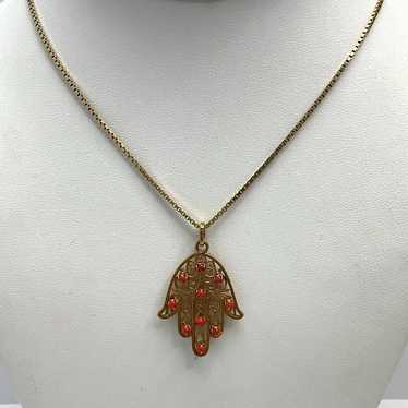 Double Sided Coral Hamsa 18K Yellow Gold Hand of … - image 1