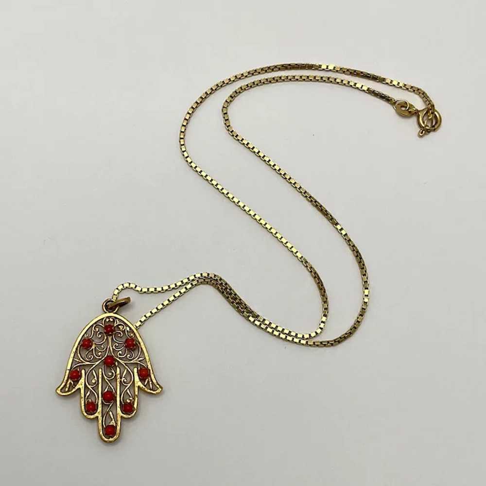 Double Sided Coral Hamsa 18K Yellow Gold Hand of … - image 3