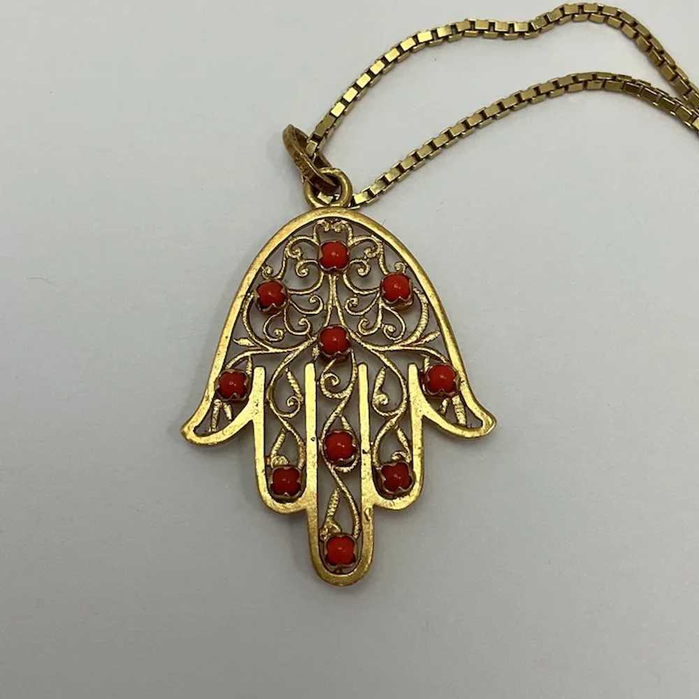Double Sided Coral Hamsa 18K Yellow Gold Hand of … - image 4